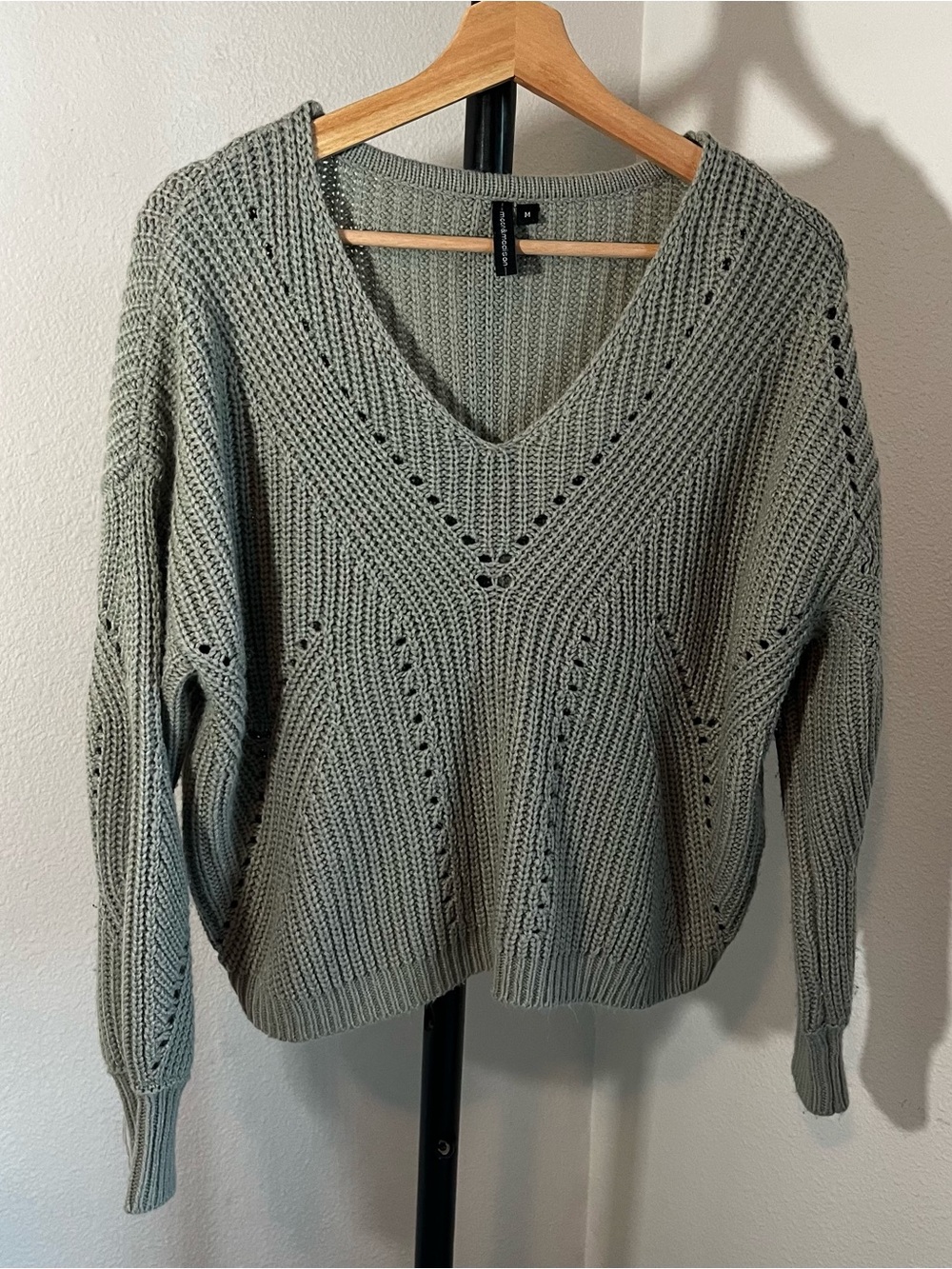 moon & madison Sage Green V-Neck Eyelet Knit Sweater